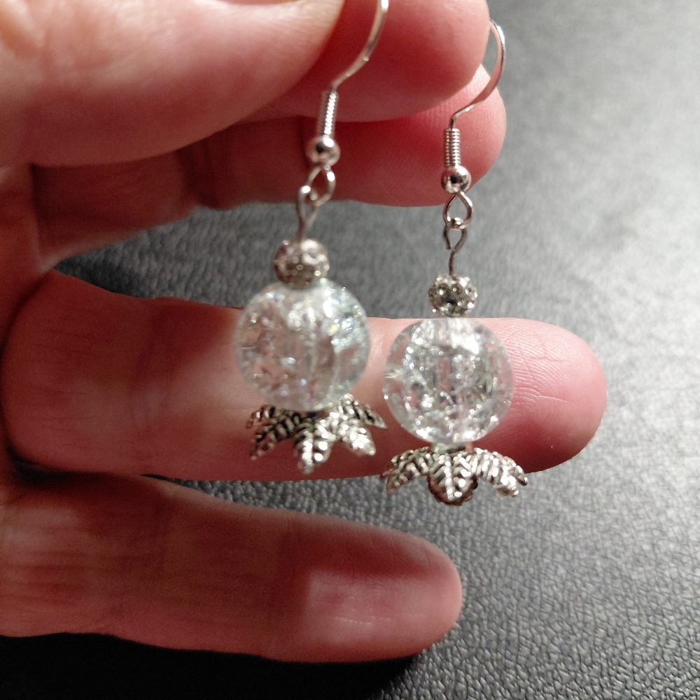 Crystal Ball 925 Silver Hook Earrings with Crackle Glass Bead Hypoallergenic
